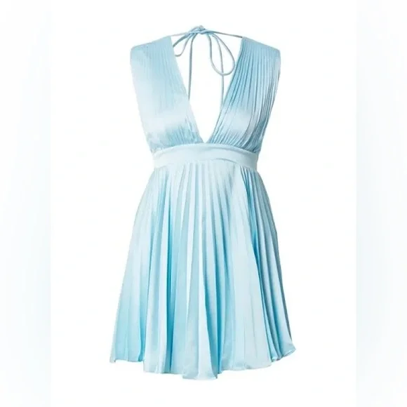 Abercrombie & Fitch Plunge Pleated Satin Mini Dress Sky Blue XLT Tall Long NWT - Picture 5 of 16
